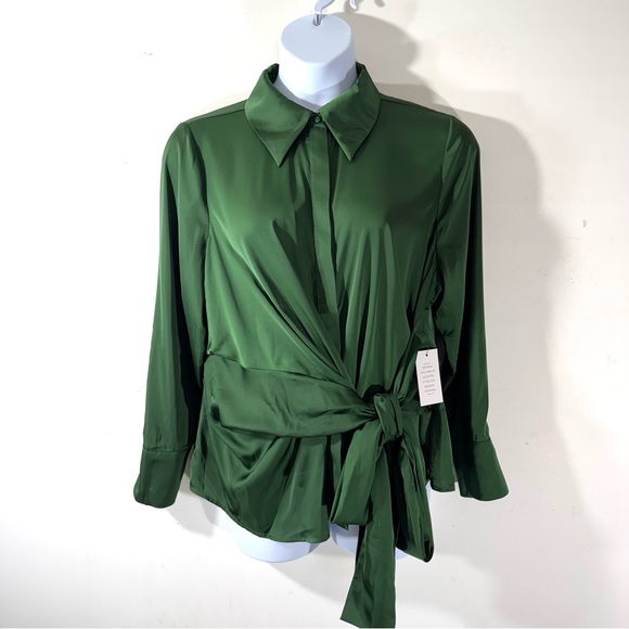 ELOQUII Kelly Green Satin Blouse Button Down bow Tie Waist NWT - Picture 1 of 10